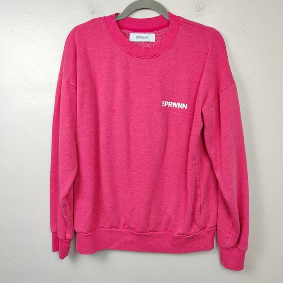 SPRWMN‎ Sweatshirt Womens Small Pink Fleece White Logo Pullover Cozy Lounge - Picture 1 of 8